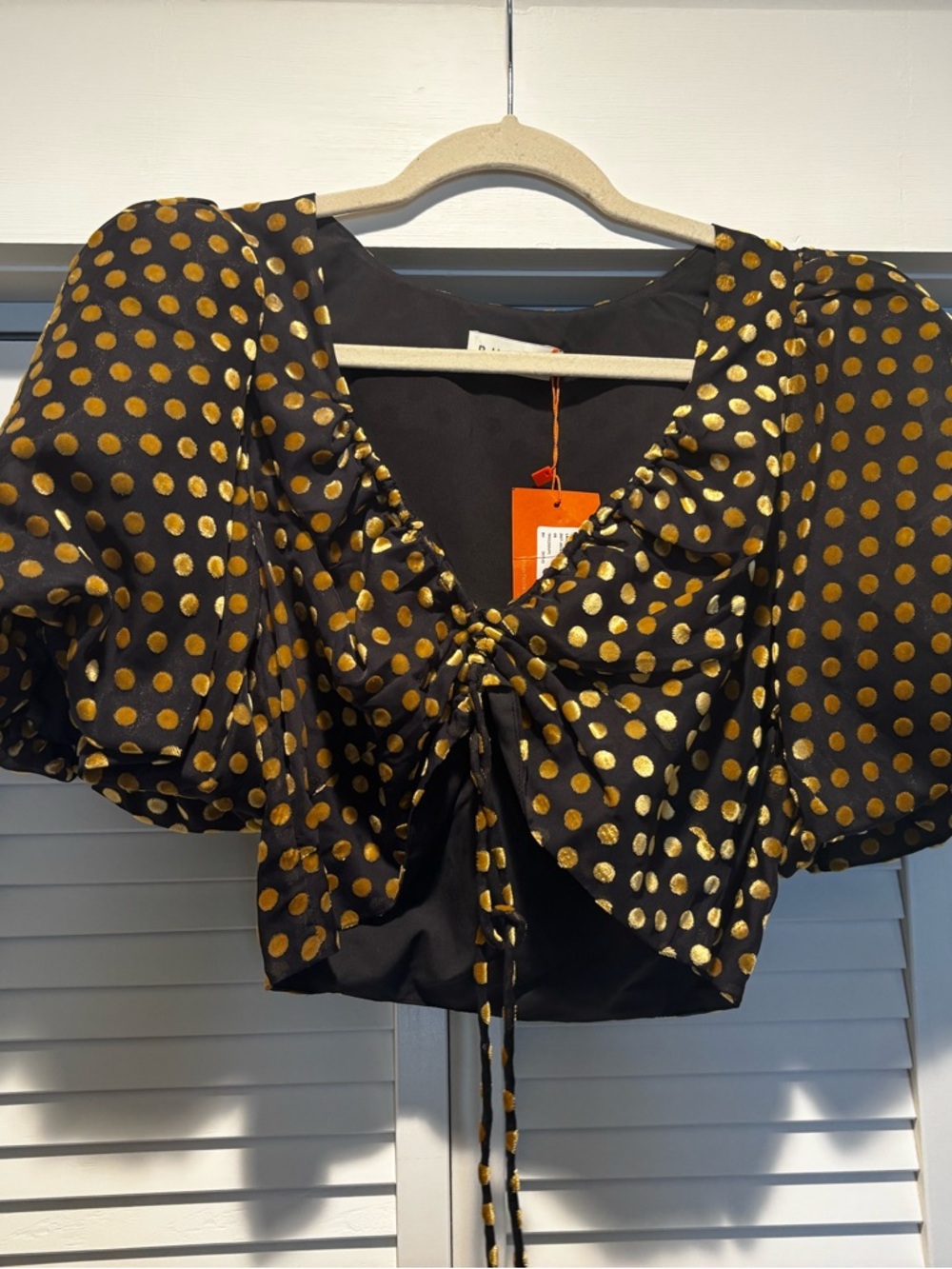 RHODE Black Crop Top with Gold Polka Dots and Tie Front